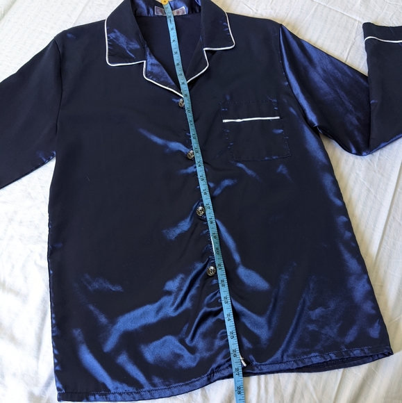 Vtg Navy Blue Satin PJ Set White Piping Pocket - Picture 6 of 10